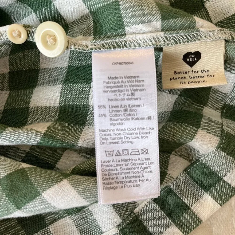 Madewell Green and White Gingham Puff-Sleeve Button-Front Top